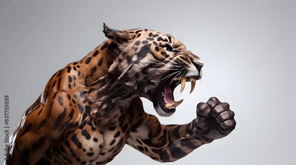 Muscular Anthropomorphic Jaguar Fist Pumping in Fierce Fighting Pose on
