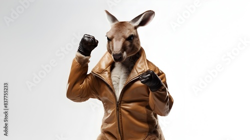 Muscular Anthropomorphic Kangaroo Fist Pumping in Intense Fighting Pose on White Background