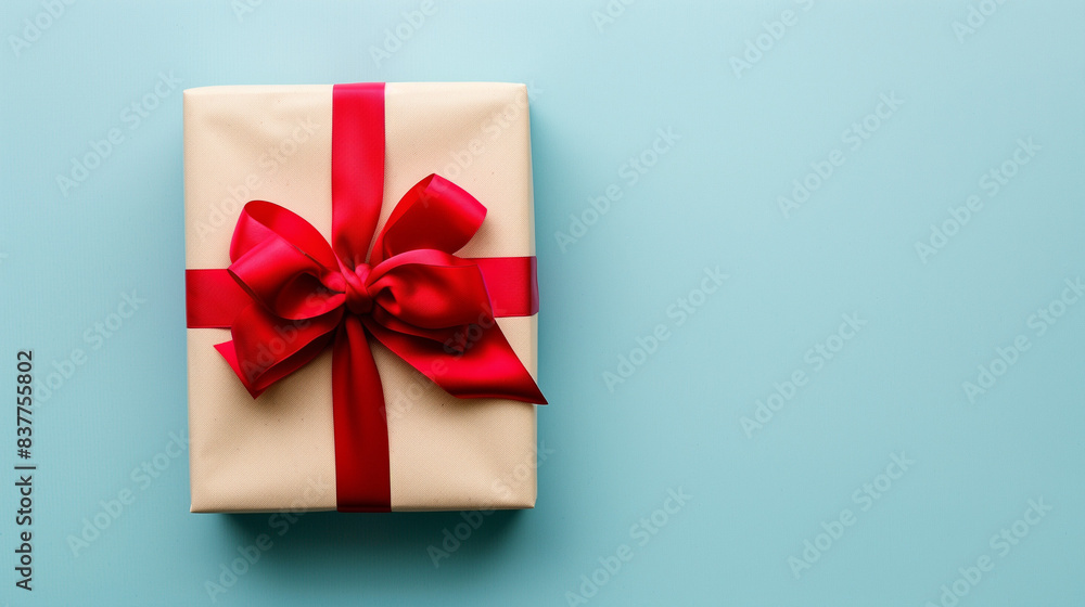 Gift Box with Red Bow and Ribbon on Light Blue Background Gift Box with Red Bow and Ribbon on Light Blue Background