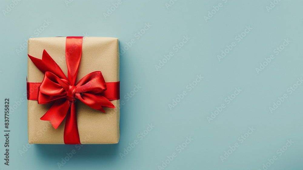 Gift Box with Red Bow and Ribbon on Light Blue Background Gift Box with Red Bow and Ribbon on Light Blue Background