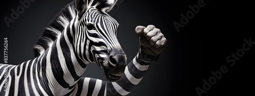 Muscular Anthropomorphic Zebra Fist Pumping in Fierce Fighting Pose on White Background