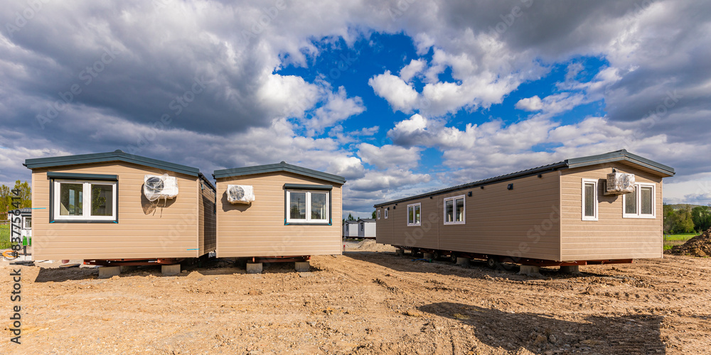 Germany, Baden-Wurttemberg, Waiblingen, Clouds over new mobile homes for refugees