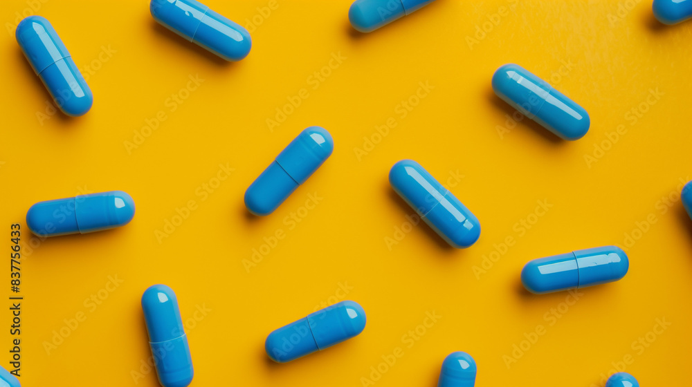 High Angle View of Blue Capsules on Yellow Background High Angle View of Blue Capsules on Yellow Background