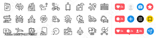 Car wash, Delivery and Diesel station line icons pack. Social media icons. Plane, Fast delivery, Luggage insurance web icon. Online storage, Supply chain, Bike pictogram. Vector