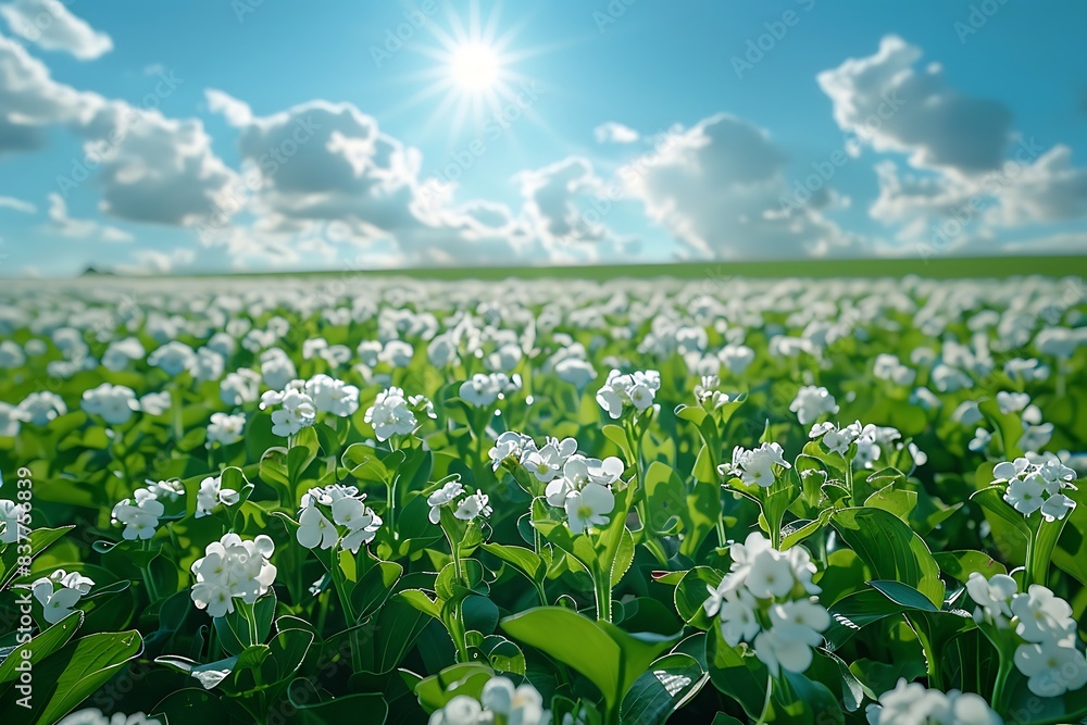 a group of white flowers sitting on top of a lush green field under a bright blue sky with the sun shining down on the horizon in the distance behind them. a group of white flowers sitting on top of a lush green field under a bright blue sky with the sun shining down on the horizon in the distance behind them.