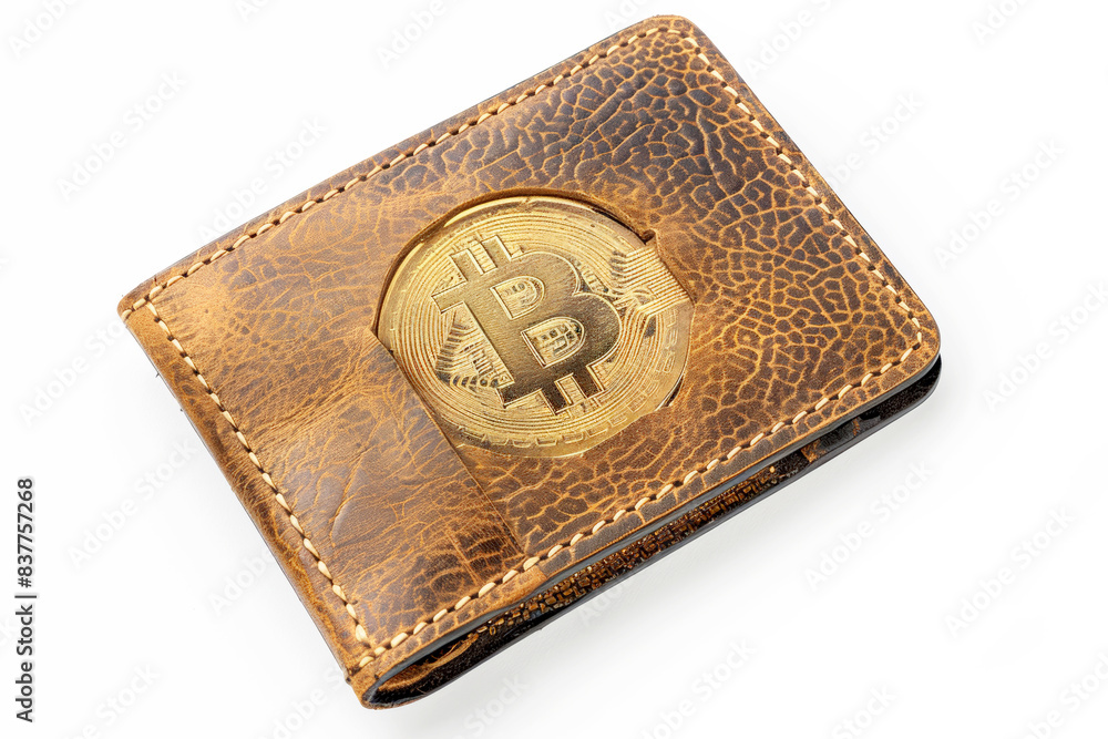 Stylish leather wallet with a golden Bitcoin symbol embossed on it. Stylish leather wallet with a golden Bitcoin symbol embossed on it.