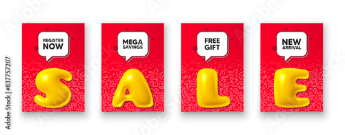 Poster templates with 3d sale text. Register now tag. Free registration offer. Create an account message. Register now poster frame message. Offer chat bubbles. Text speech balloon. Vector