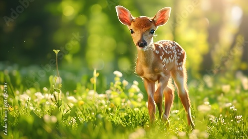 Newborn Fawn Exploring Lush Meadow in Spring Forest Landscape