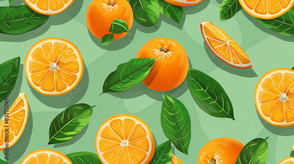 Fresh Orange Pattern With Green Leaves on Green Background Fresh Orange Pattern With Green Leaves on Green Background