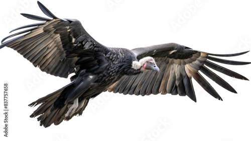 A large Andean Condor with a white neck and red head flies with wings spread against a white background. The bird is in flight, with its head turned to the side