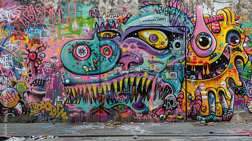 Walls with graffiti paintings in the shape of monster faces and tongues Walls with graffiti paintings in the shape of monster faces and tongues
