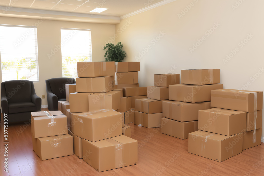 a living room with a bunch of boxes, for moving to another apartment a living room with a bunch of boxes, for moving to another apartment