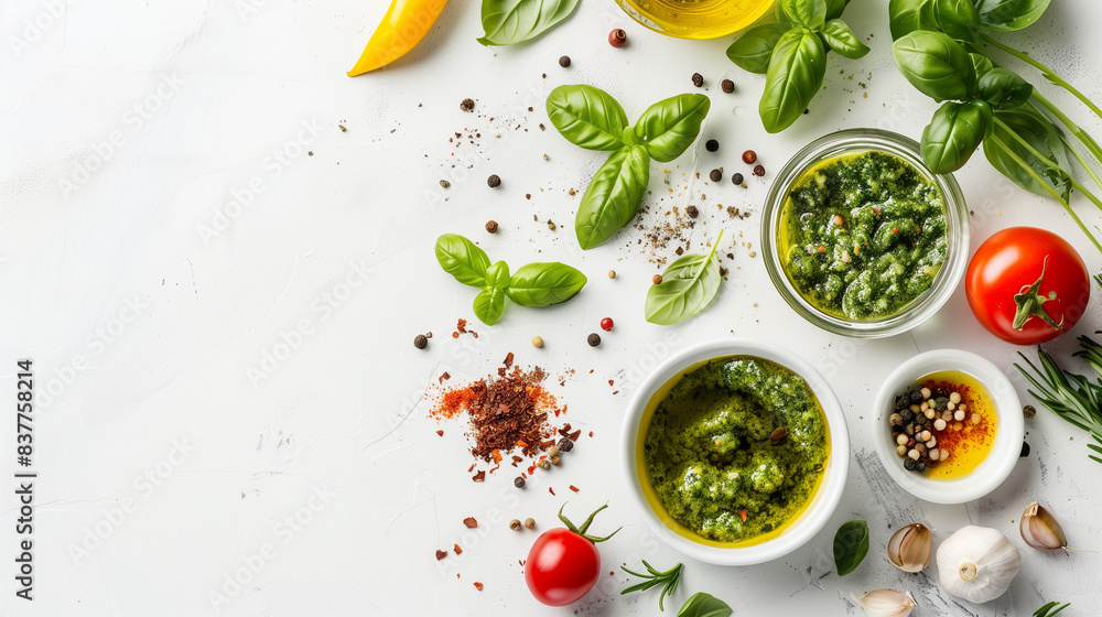 A flat lay of fresh ingredients for making pesto sauce including basil, garlic, olive oil, and spices on a white background. Copy space A flat lay of fresh ingredients for making pesto sauce including basil, garlic, olive oil, and spices on a white background. Copy space