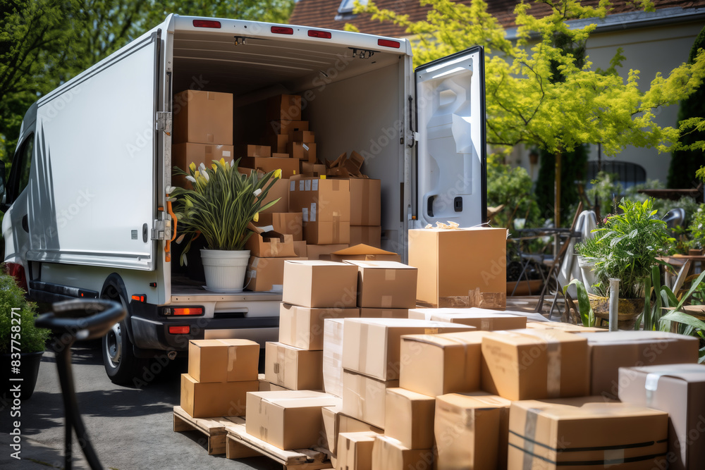 truck and boxes near the house, unloading and moving to another house truck and boxes near the house, unloading and moving to another house