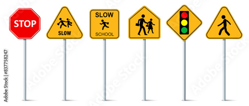 Set of school signs zone vector. Pedestrian. Road and Traffic signs. School zone warning symbol.