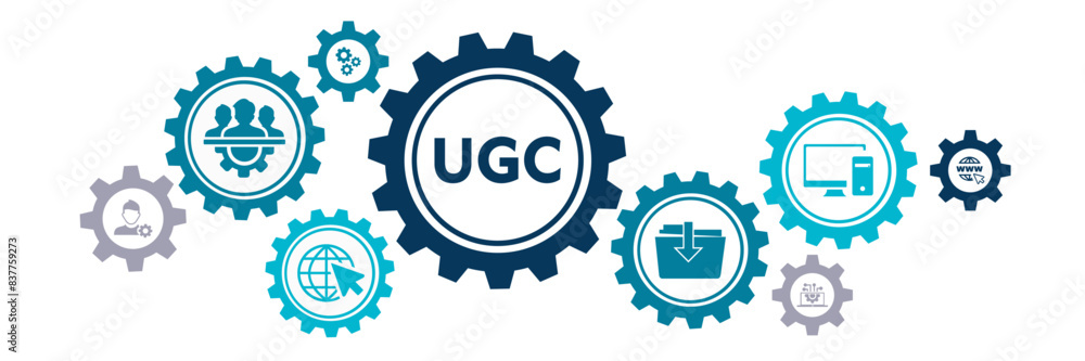 UGC banner web icon illustration concept for user-generated content with icon of people, network, process, engine, click, internet, website, archive and browser UGC banner web icon illustration concept for user-generated content with icon of people, network, process, engine, click, internet, website, archive and browser