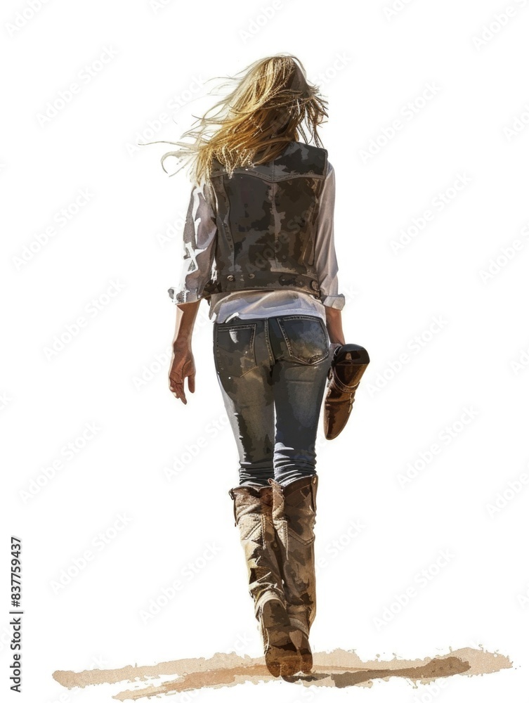 Contemporary cowgirl walking away. Wearing a vest, leather boots, jeans pants Contemporary cowgirl walking away. Wearing a vest, leather boots, jeans pants