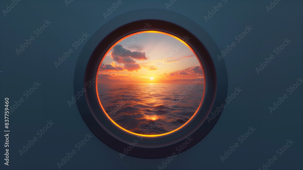 Sunset Over Ocean Seen Through Round Ship Porthole Sunset Over Ocean Seen Through Round Ship Porthole