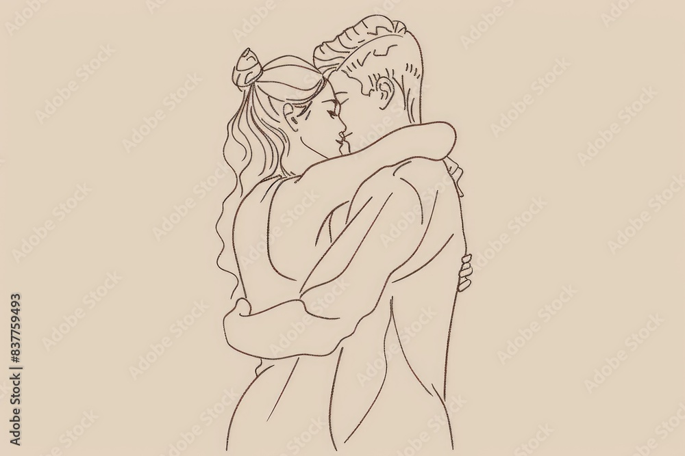 Continuous single line drawing of man and woman hugging, line art vector illustration Continuous single line drawing of man and woman hugging, line art vector illustration