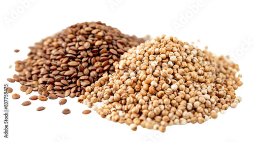 A close-up photo of a pile of coriander seeds and flax seeds against a white background