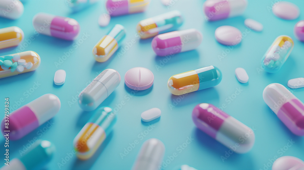 Various Pills And Medicine On A Blue Background Various Pills And Medicine On A Blue Background