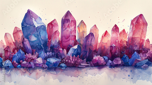 Watercolour design featuring gemstones in shades