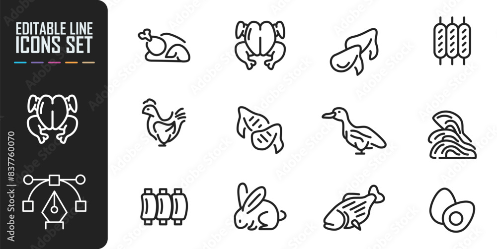 Set of line icons in linear style. Series - Meat. Meat products, food and semi-finished products. Types of meat and sausages. Outline icon collection. Pictogram and infographic. Editable stroke. Set of line icons in linear style. Series - Meat. Meat products, food and semi-finished products. Types of meat and sausages. Outline icon collection. Pictogram and infographic. Editable stroke.