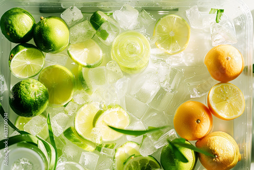 Fresh citrus fruits with ice cubes in a refreshing composition.