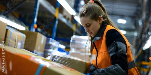 Young woman working in a postal warehouse handling and dispatching parcels. Concept Postal worker, Warehouse operations, Parcel handling, Dispatching shipments, Young woman profession photo