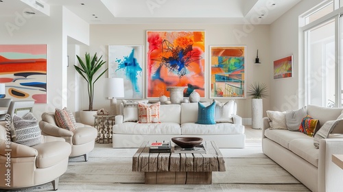 Living room with a large painting on the wall and a white couch. The room has a modern and colorful feel to it