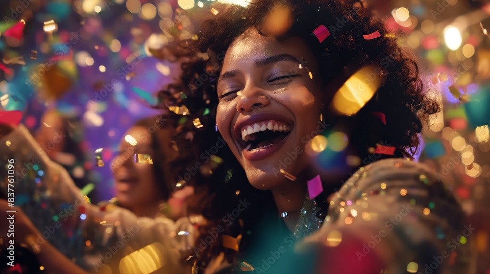 Joyous young woman with a bright smile celebrating at a party surrounded by flying colorful confetti Joyous young woman with a bright smile celebrating at a party surrounded by flying colorful confetti