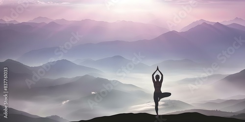 Caucasian woman doing yoga in mountains with copy space. Concept Yoga  Mountains  Caucasian Woman  Outdoor Photoshoot  Copy Space
