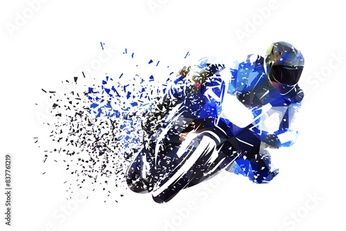 Motorcycle rider on road motorbike. Moto racing, low poly isolated vector illustration, distortion effect