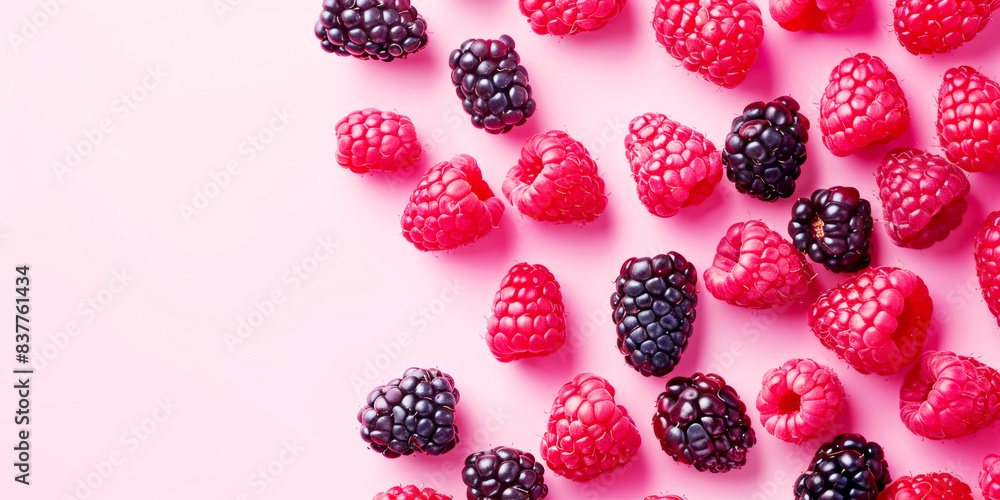 Fresh raspberries and blackberries scattered on a pink background.