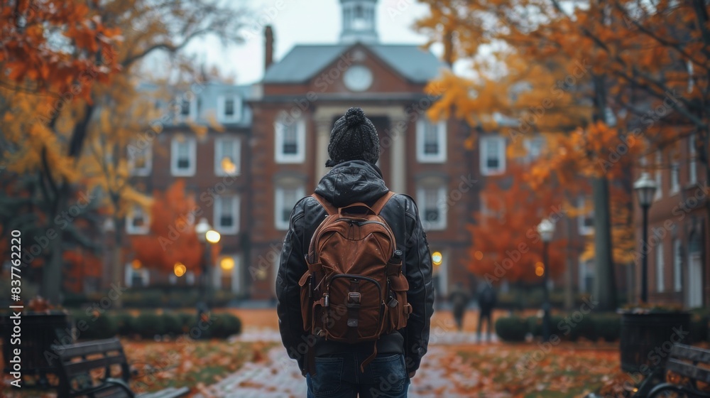 A person with a backpack standing in front of an old building, AI A person with a backpack standing in front of an old building, AI