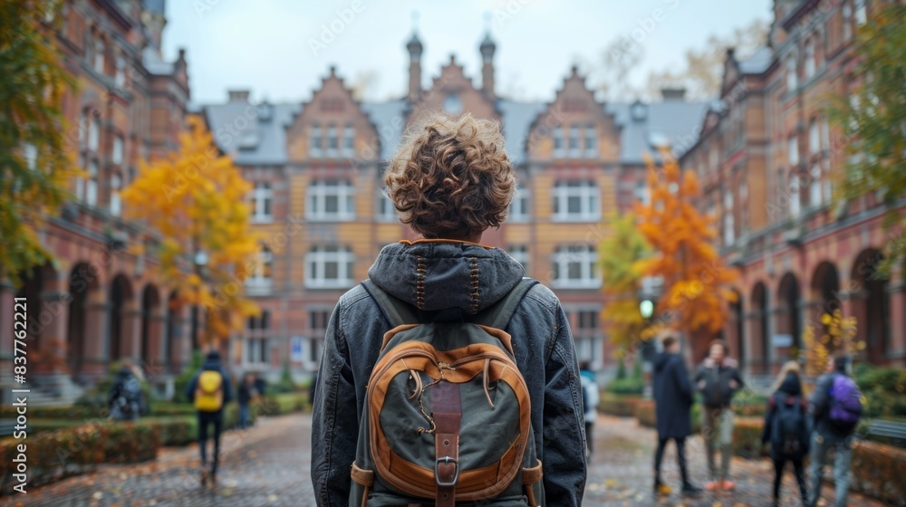 Fototapeta premium A person with a backpack walking down the street in front of buildings, AI