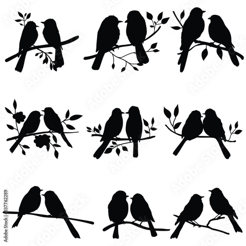 Set of two birds on branch silhouettes. Valentine symbol vector element