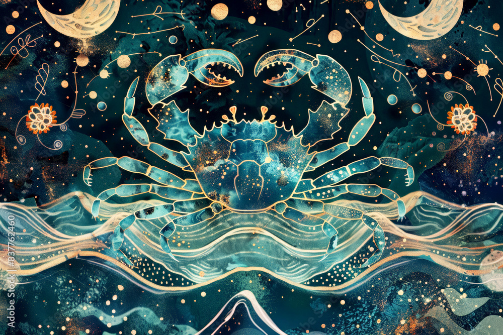 Mystical and artistic representation of a zodiac crab in a cosmic seascape. Mystical and artistic representation of a zodiac crab in a cosmic seascape.