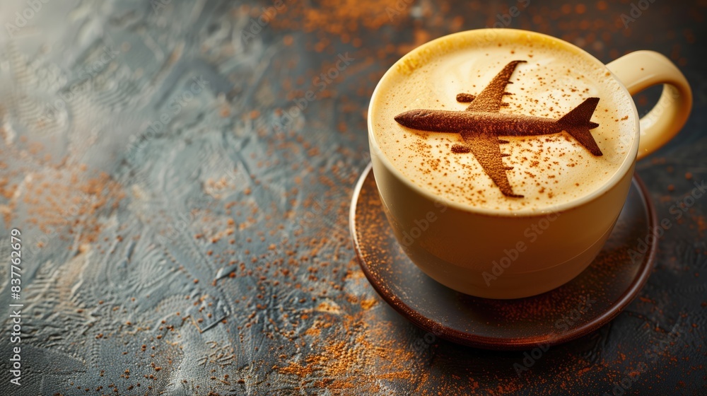 Cappucino coffee cup with plane chocolate powder decoration on the top and neutral table copyspace background Cappucino coffee cup with plane chocolate powder decoration on the top and neutral table copyspace background