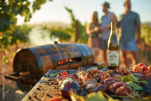 Gourmet Barbecue in Vineyard Setting with Friends Toasting in Background photo