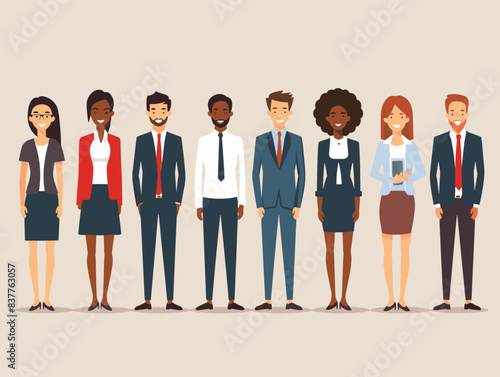 Diverse group professionals standing together, multicultural business people smiling. Corporate team diversity, men women business attire. Cartoon characters, office workers, simple style