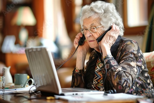 Senior Woman Engaged in a Conversation Over the Phone Using Laptop at Home