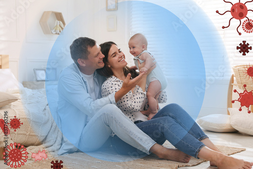 Happy family with strong immunity at home. Bubble around them blocking viruses, illustration photo