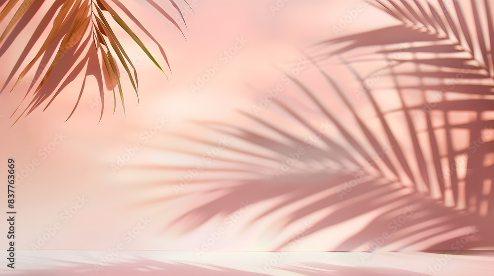 Fototapeta premium Blurred shadow from palm leaves on the light pink wall. Minimal abstract background for product presentation. Spring and summer.