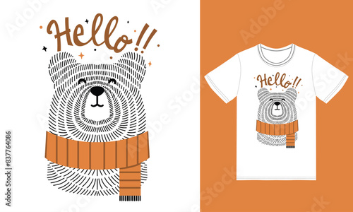 Hello bear illustration with tshirt design premium vector