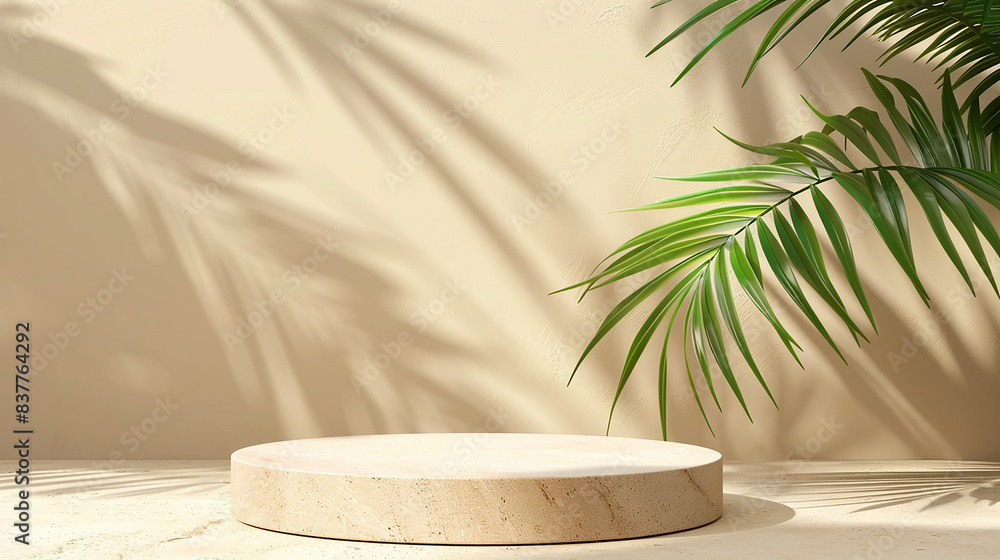 3d podium display on beige background with palm tree shadow 3d podium display on beige background with palm tree shadow