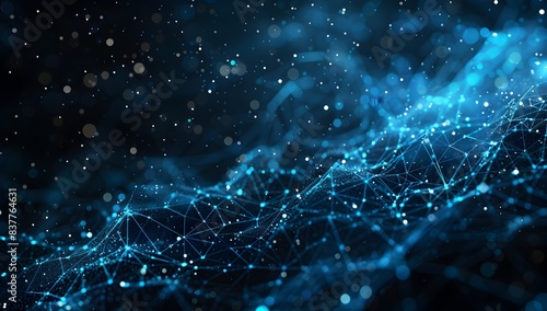 Abstract digital network background with blue color, glowing connections and dots on dark space
