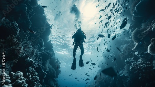 Fototapeta Naklejka Na Ścianę i Meble -  A diver plunging into the depths of the ocean, surrounded by swirling schools of fish and undulating coral reefs generated by AI