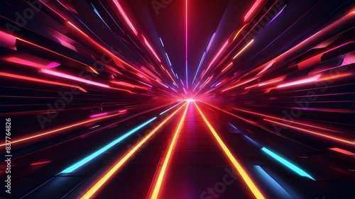 Abstract red neon speed arrow background with neon lights. Banner with a futuristic glow-tech gaming image. Quick-moving virtual casino design featuring a yellow LED beam. dynamic digital party backdr