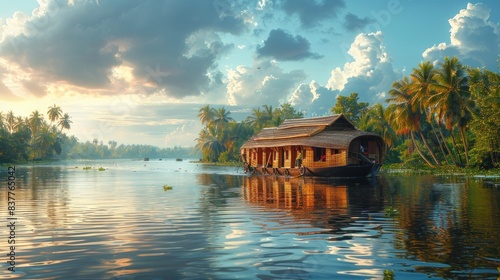 Travel tourism Kerala background - houseboat on Alleppey backwaters. Kerala houseboat image  photo